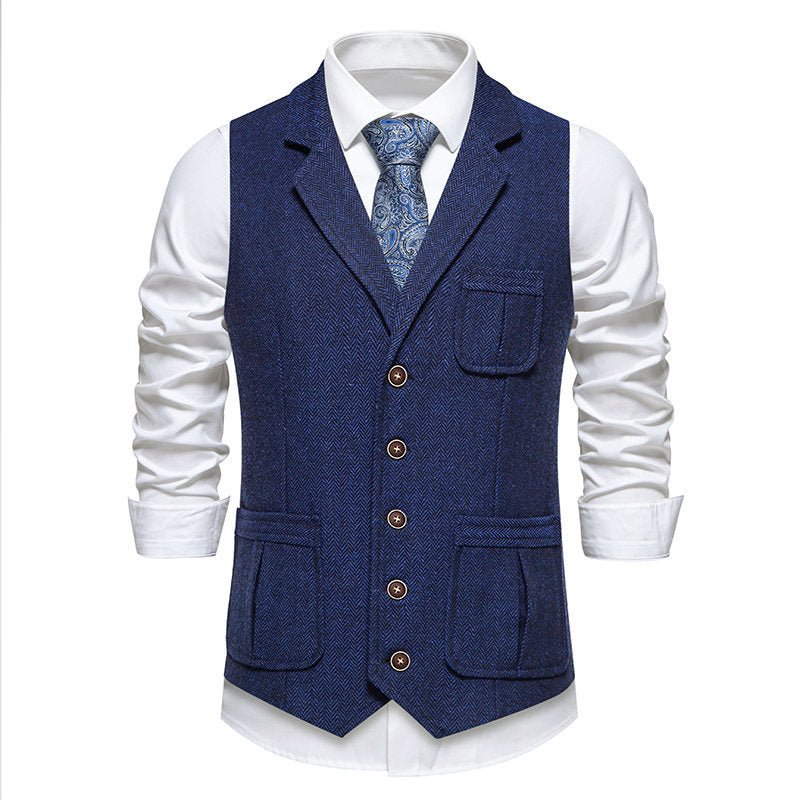 Men's Tweed Vest with Herringbone Pattern, Lapel Collar and Patch Pockets Chichicherry