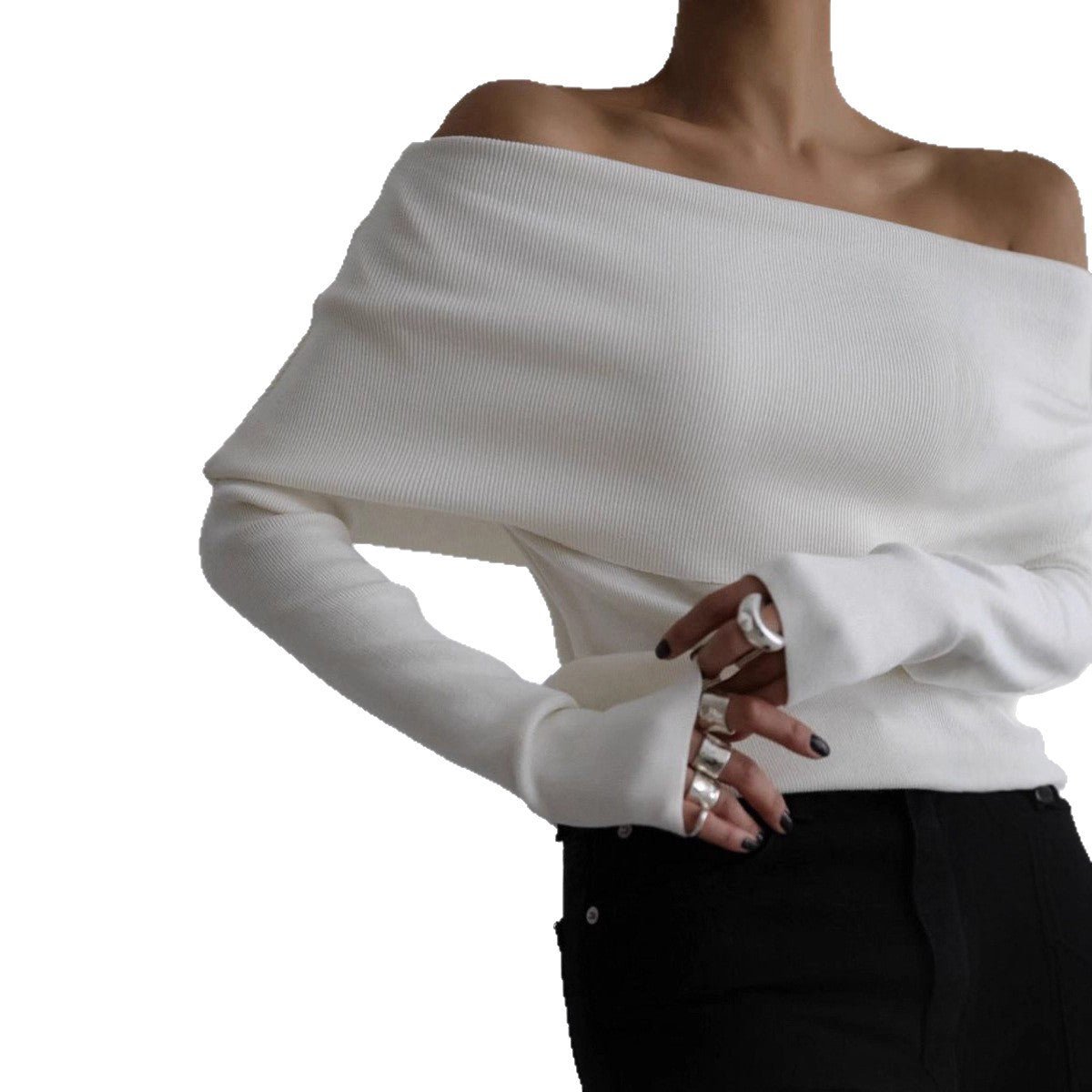 Women's off-the-shoulder fine knit sweater with foldable Carmen collar Chichicherry