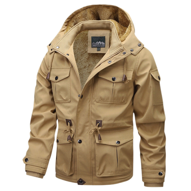 Men's Military-Inspired Canvas Parka with Teddy Fleece Lining and Adjustable Waist Drawstring Chichicherry