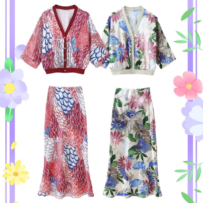 Ladies two-piece satin set with floral printed short jacket and bias-cut midi skirt Chichicherry
