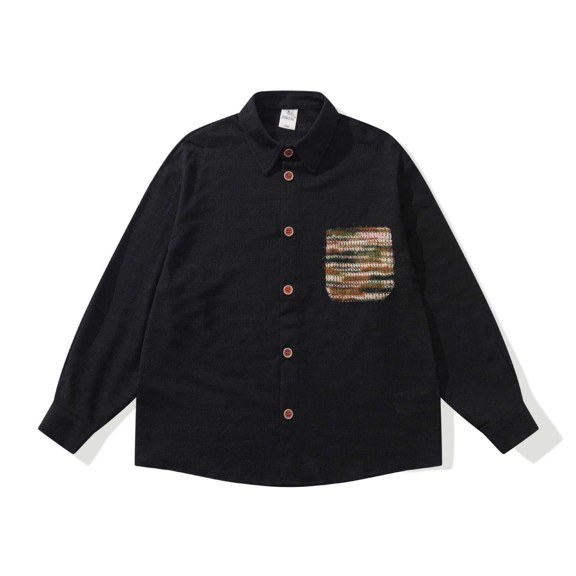 Men's Structured Knit Shirt Jacket with Kent Collar, Full Button Placket and Crocheted Chest Pocket Chichicherry