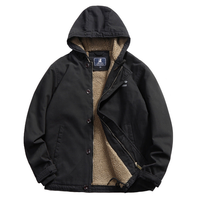 Men's Hooded Canvas Jacket with Sherpa Lining and Utility Details Chichicherry