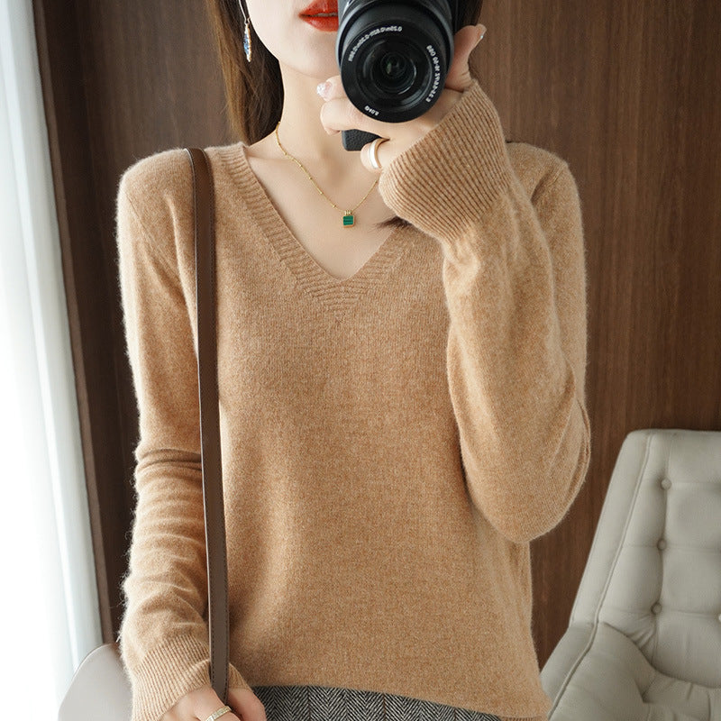 Women Soft V-Neck Cashmere Blend Sweater with Fine Ribbed Cuffs Chichicherry