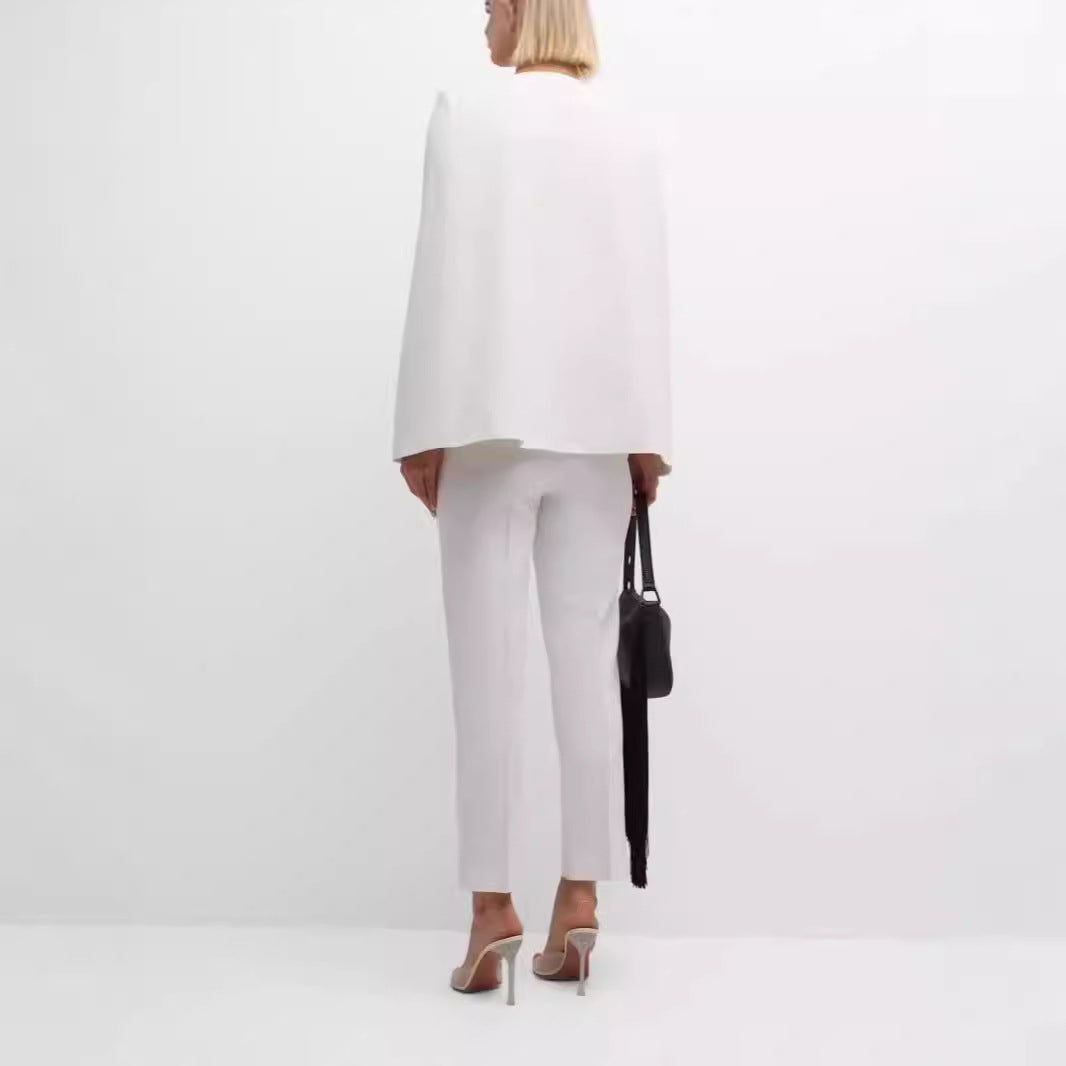 Women Elegant Cape Blazer Set with Open Sleeve Slot and Slim Suit Trousers Chichicherry