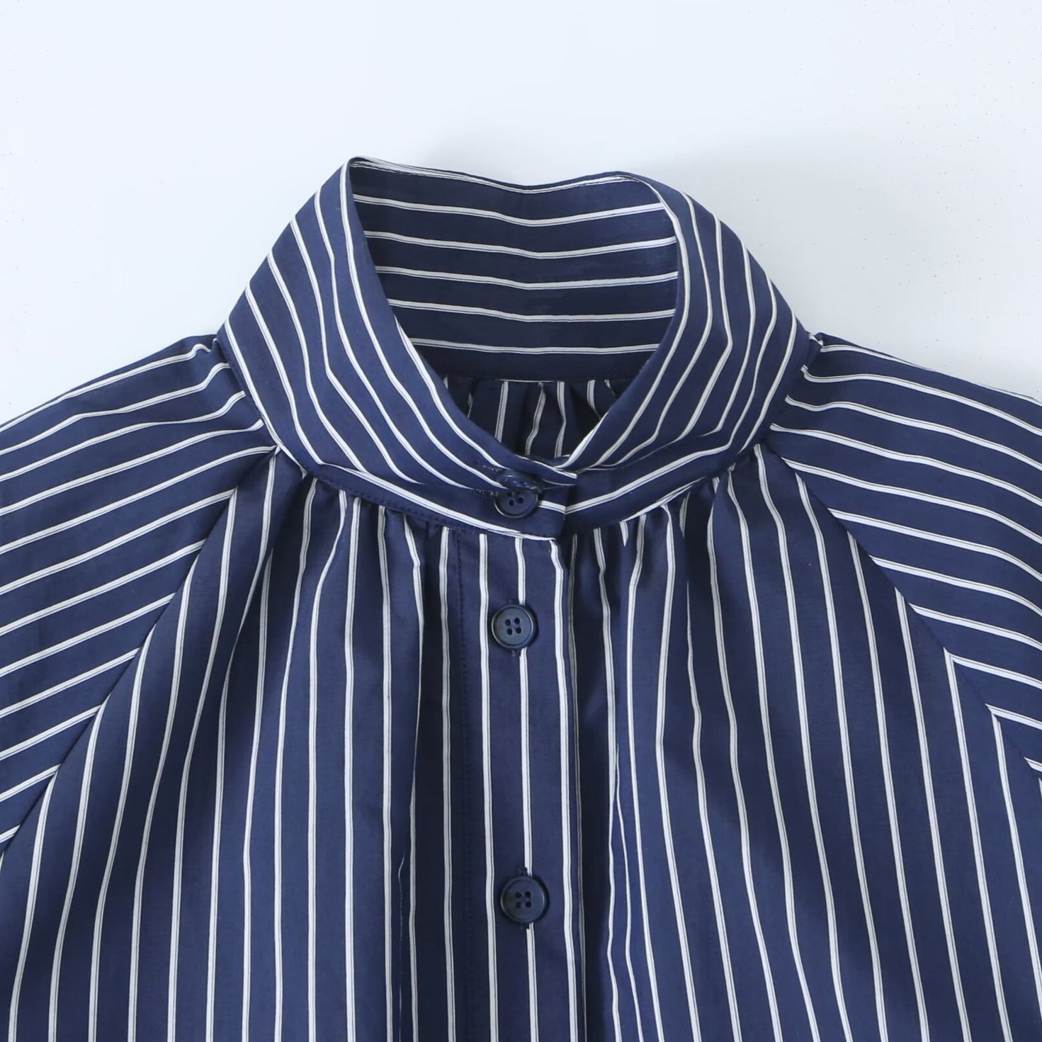 Women Striped Blouse with Stand Collar, Full Button Placket and Drawstring Waistband Chichicherry