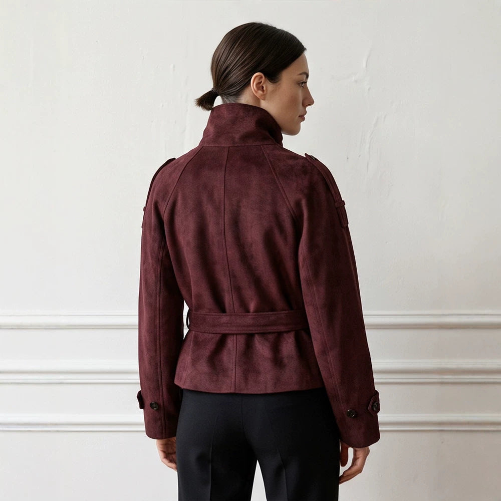 Women's Tailored Short Jacket in Suede Look with Double Breasted and Stand-Up Collar Chichicherry