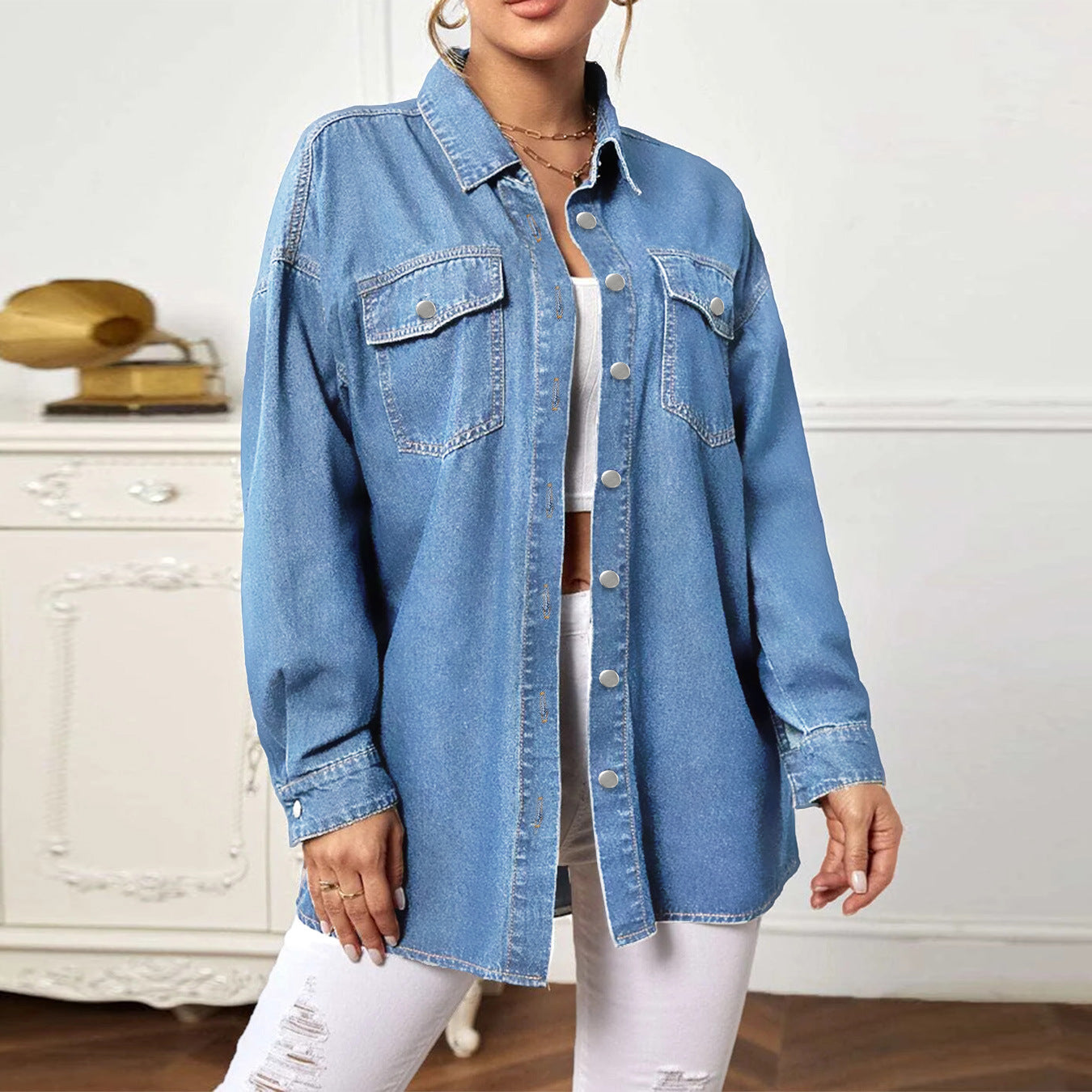 Women's Longline Denim Shirt Jacket Oversized with Flap Pockets Chichicherry