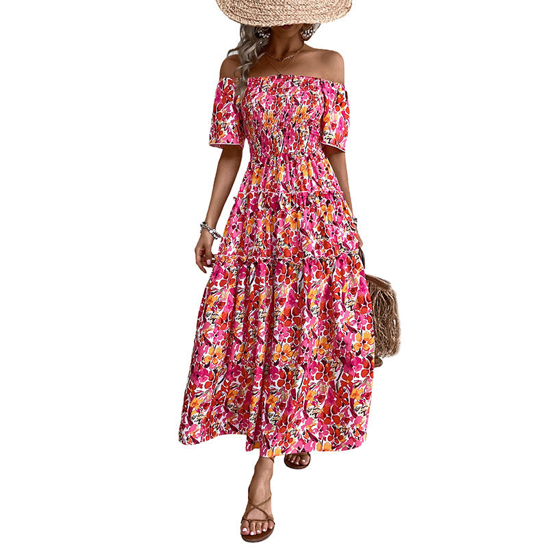 Women's Tiered Maxi Dress with Off-the-Shoulder Neckline, Smocked Bustier and Side Slit Chichicherry