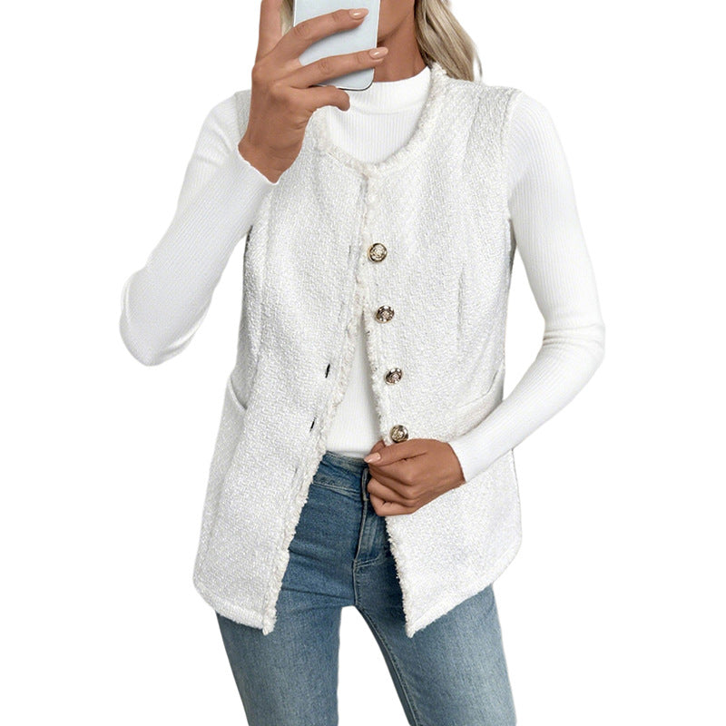 Women's Boucle Vest with Decorative Buttons, Fringe Trim and Pockets Chichicherry