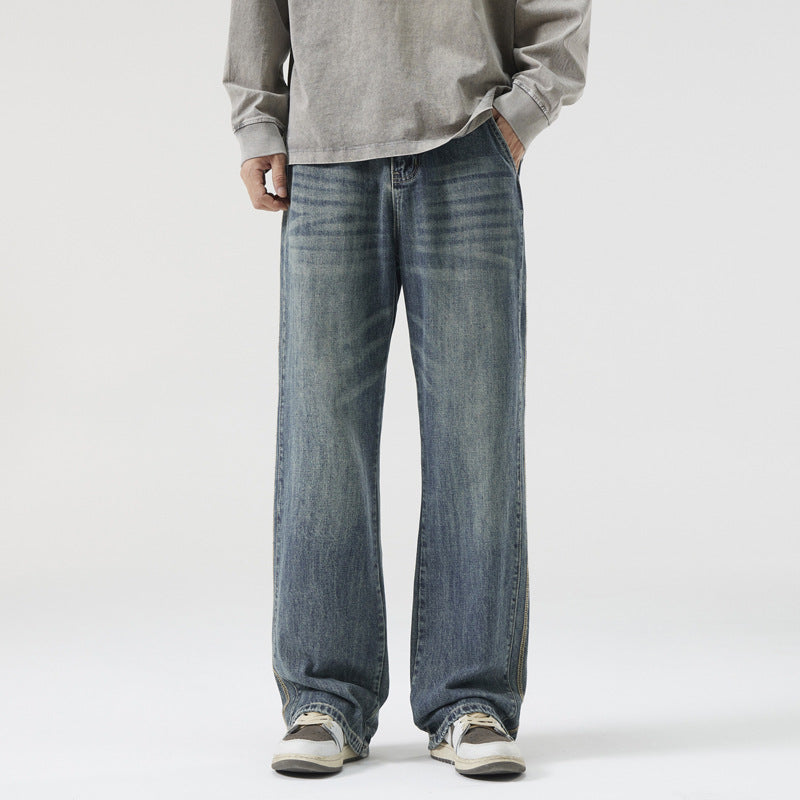 Men's Loose Vintage Denim Jeans with Wash and Straight Leg Chichicherry