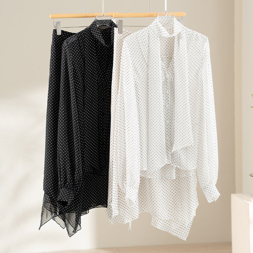Women's chiffon blouse with bow collar, fine pintucks, and polka dot pattern Chichicherry