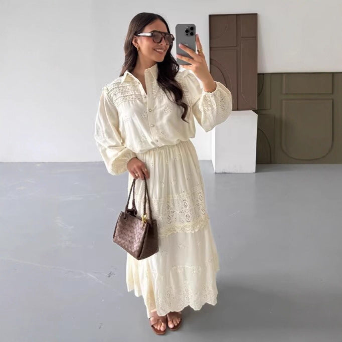 Women's Boho Maxi Dress with Embroidery, Lace Trim, Elastic Waist and Shirt Collar Chichicherry