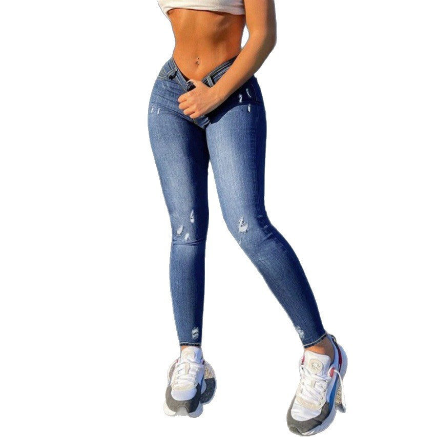 Women Shaping V-Waist Skinny Jeans with Push-up Effect and Subtle Rip Details Chichicherry