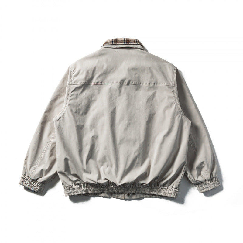 Men's Short Cut Boxy Transition Jacket with Checked Collar and Elastic Hem Chichicherry