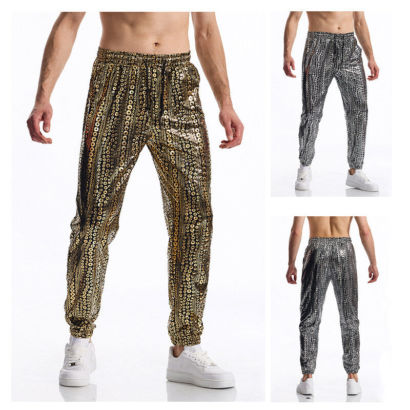 Men's Tapered Jogging Pants with Elastic Waistband, Drawstring and Metallic Circle Print Chichicherry