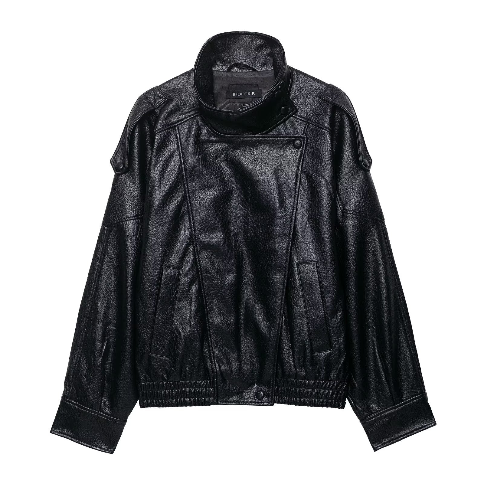 Ladies short-cut faux leather pilot jacket with high stand-up collar and shoulder straps Chichicherry