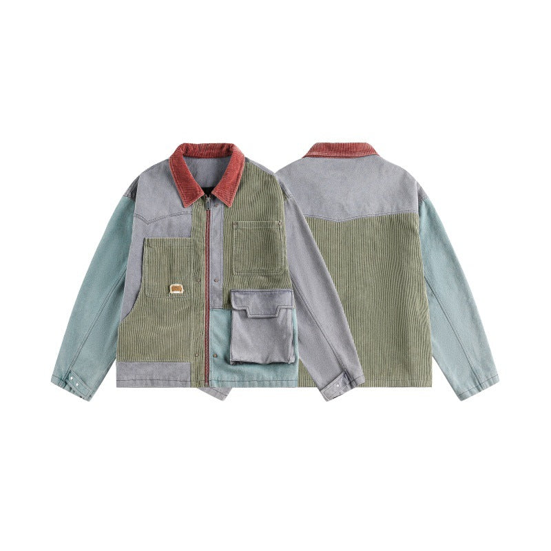 Unisex Boxy‑Patchwork‑Cord Jacket with Contrasting Collar and Multifunction Pockets Chichicherry