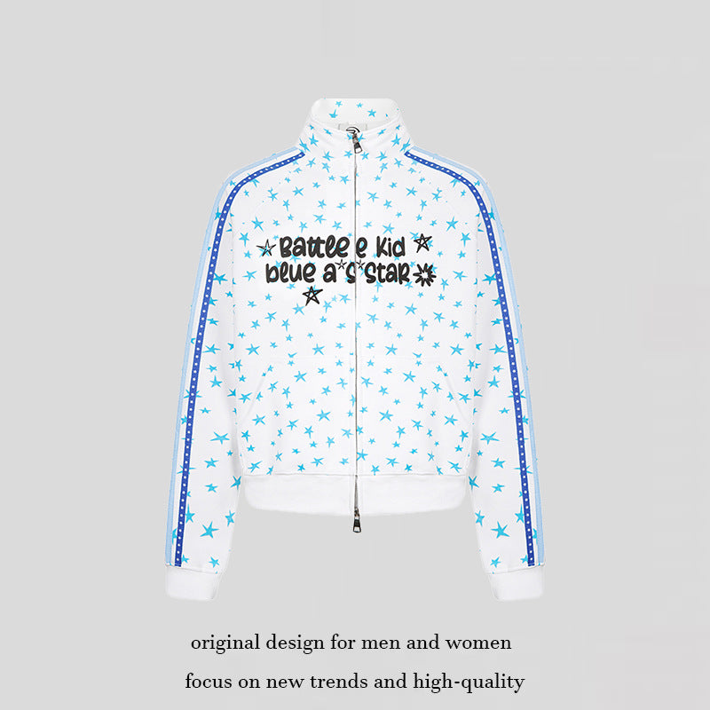 Women's sweat jacket in retro track style with stand-up collar, star print, and contrast stripes.
