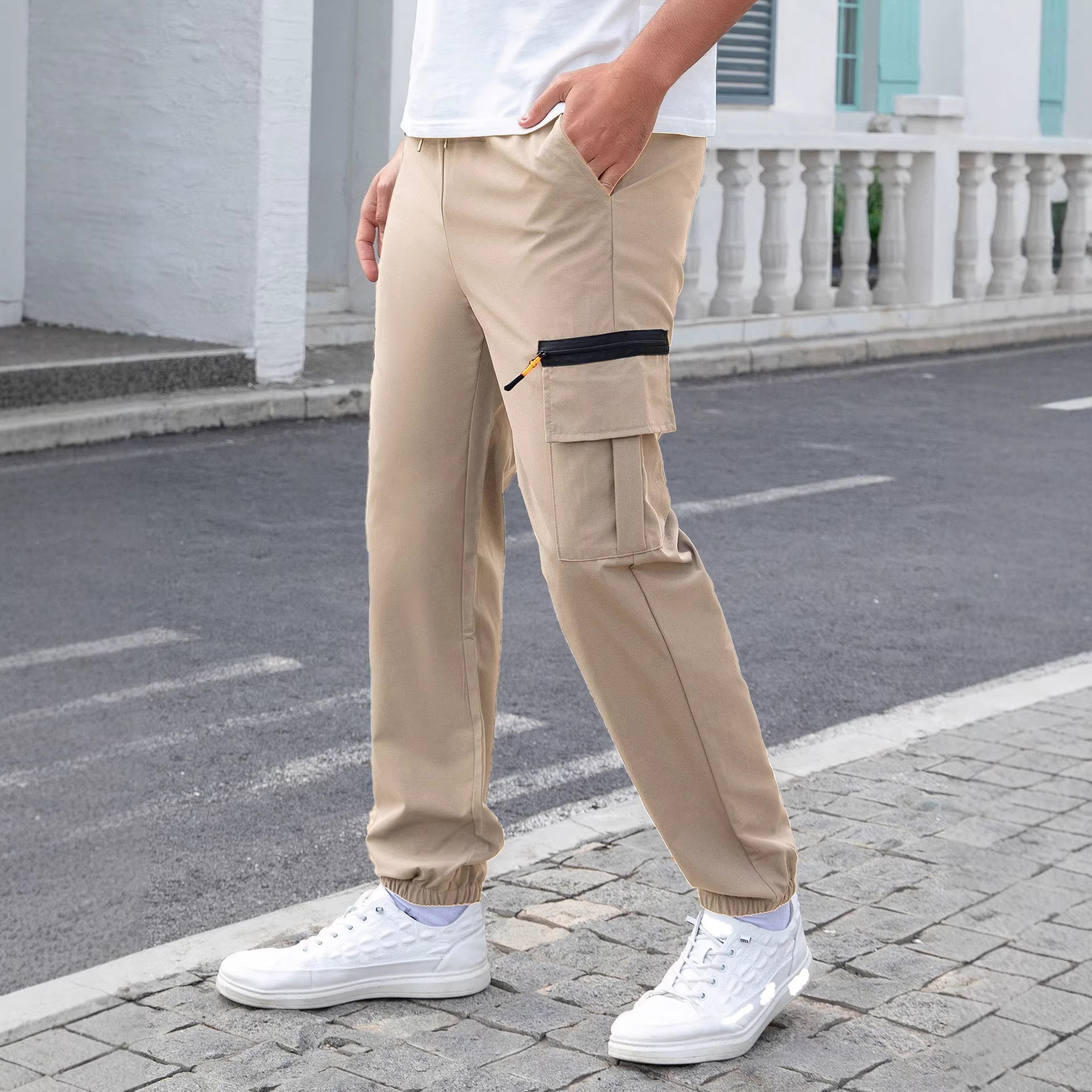 Men's Tech Cargo Jogging Pants with Elastic Drawstring, Zipper Leg Pocket & Fitted Ankle Cuff Chichicherry