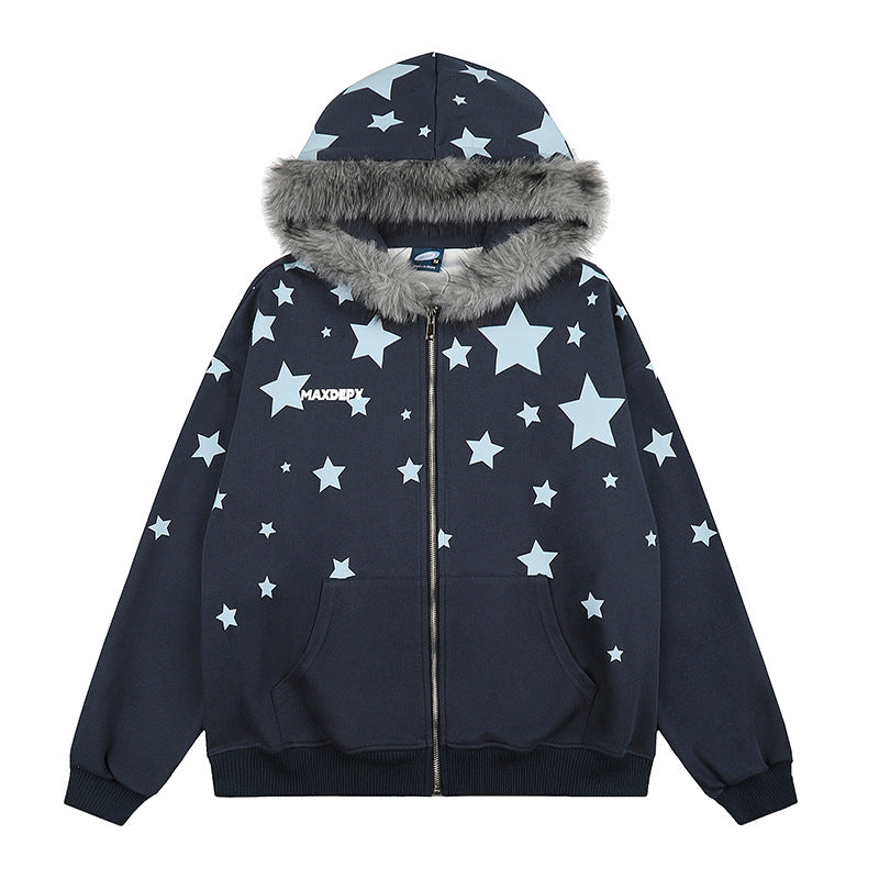 Women Oversize Hooded Sweat Jacket with Star Allover, Faux Fur Trim and Full Zip Chichicherry