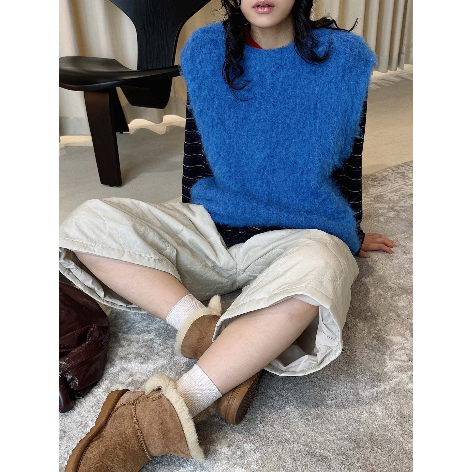 Women Fluffy Sleeveless Boxy Knit Vest with Soft Mohair Effect Chichicherry