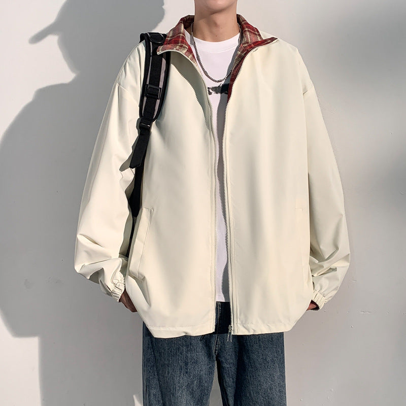Men's Oversize Utility Transition Jacket with Zipper and Contrasting Checkered Inner Collar Chichicherry