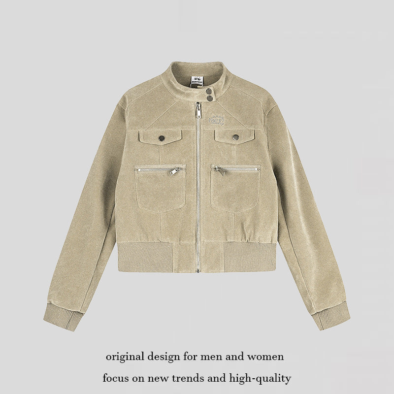Women's Short Cut Velvet Velour Bomber Jacket with Stand-up Collar and Multifunctional Pockets Chichicherry