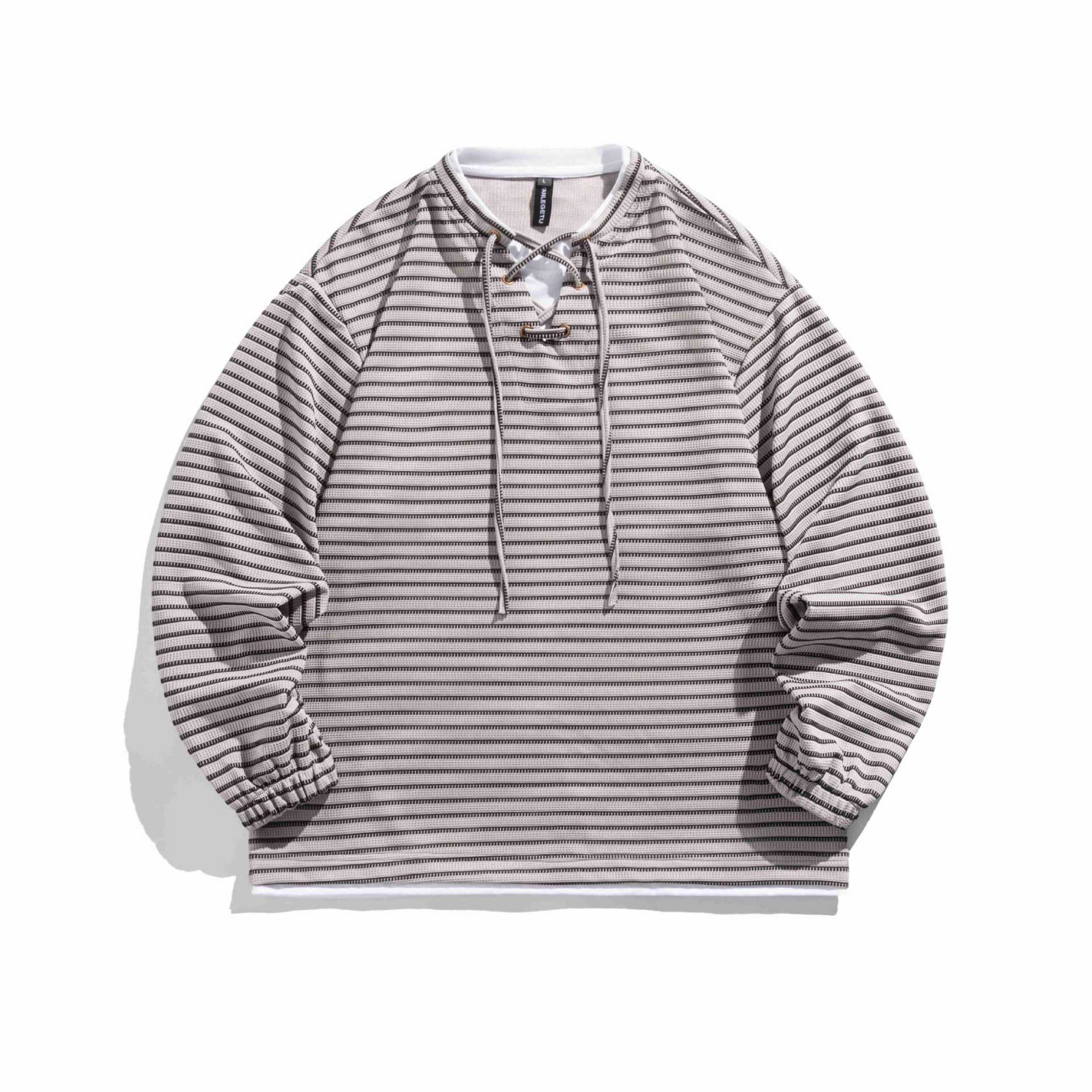 Unisex Striped Waffle Knit Pullover with Lace-up Closure and Raglan Sleeves Chichicherry