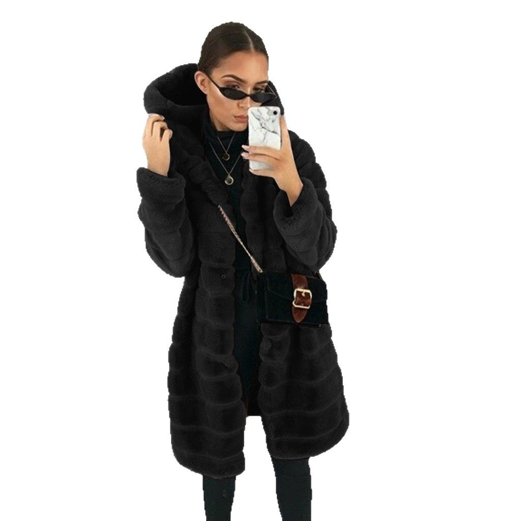 Women's Hooded Faux Fur Coat with Quilted Panel Structure Chichicherry