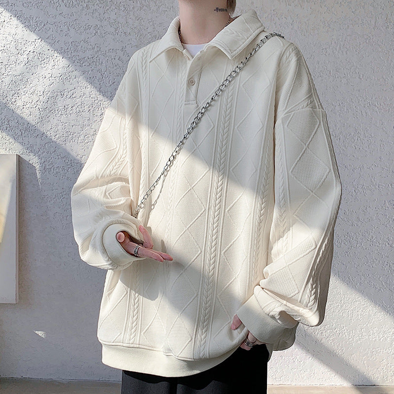 Men's Oversize Polo Knit Sweater with Diamond and Cable Knit Structure Chichicherry