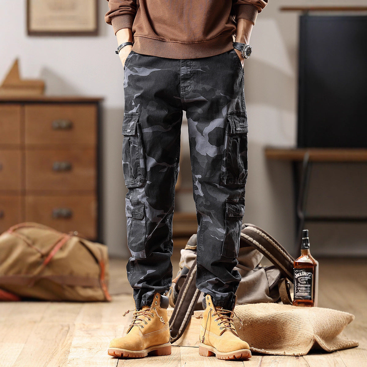 Men's cargo pants with elastic cuffs and camouflage utility design Chichicherry