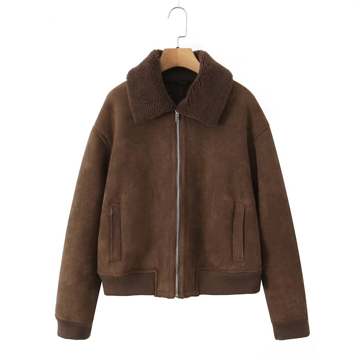 Women's Short Cut Teddy-Lined Suede Look Flight Jacket with Zipper Chichicherry