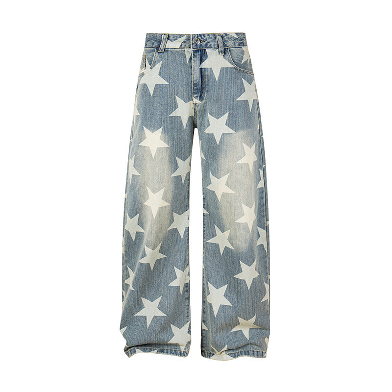Women's Wide High-Waist Culotte Jeans with High Waist and Allover Star Print Chichicherry