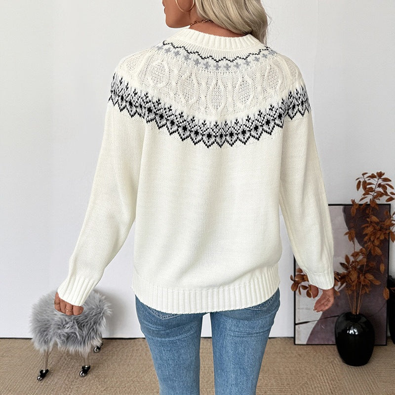 Women's Fine Norwegian Knit Sweater with Lace Yoke and Ribbed Cuff Chichicherry