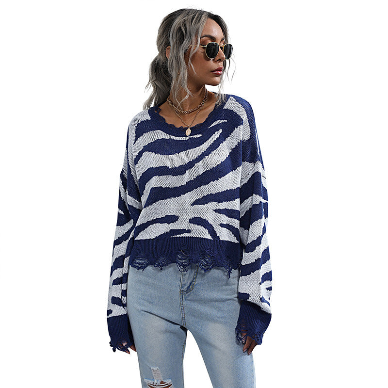 Women’s oversized knit sweater with zebra stripe jacquard, frayed hem, and raglan sleeves Chichicherry
