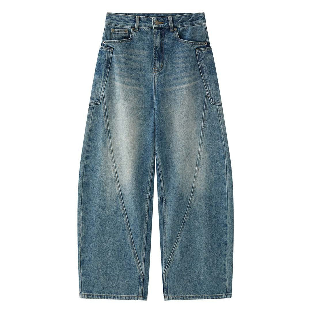 Women's High-Waisted Baggy Denim Pants with Curved Seam Details Chichicherry