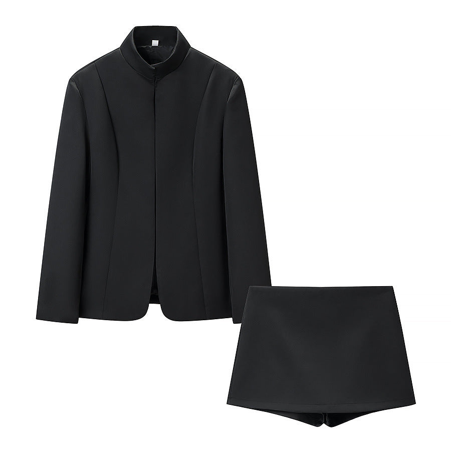 Women's Tailored Blazer Jacket with Stand-Up Collar and Matching Shorts Skirt Set Chichicherry