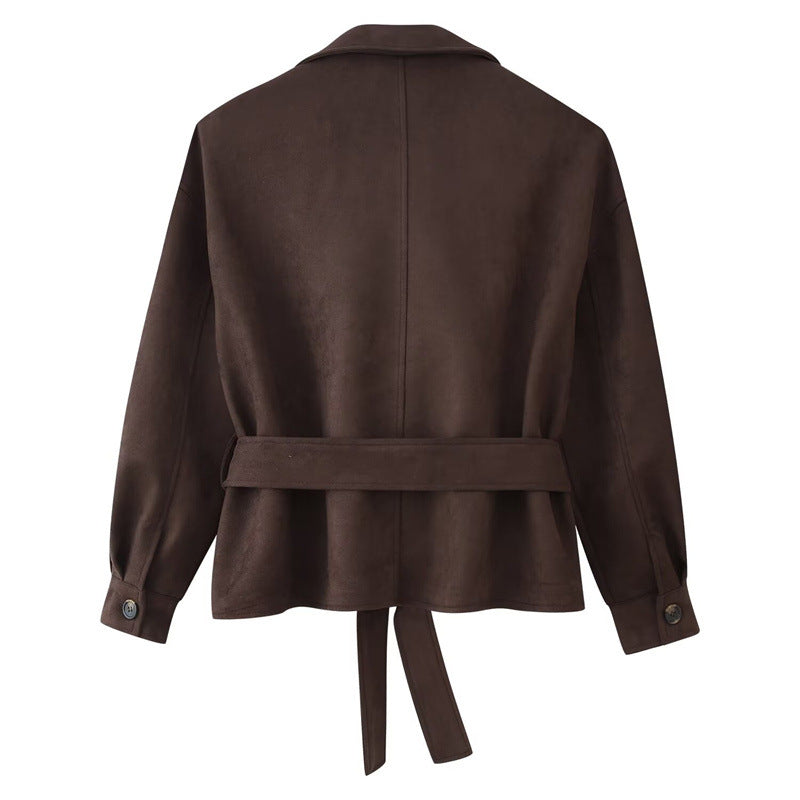 Women's Cropped Trench Coat in Suede Look with Ties and Epaulettes Chichicherry