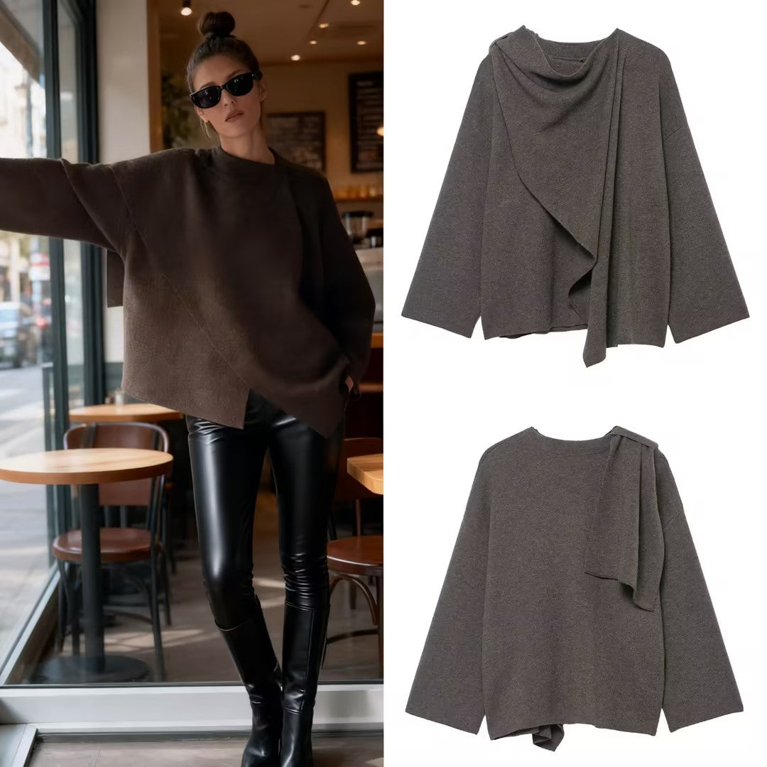 Women's Draped Oversized Cardigan with Hooded Collar and Wide Sleeves Chichicherry
