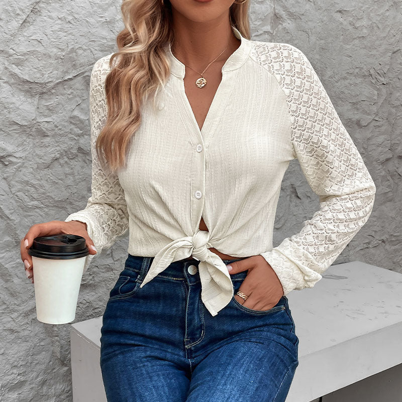 Women's lace blouse with button placket, stand collar, and crocheted raglan sleeves Chichicherry
