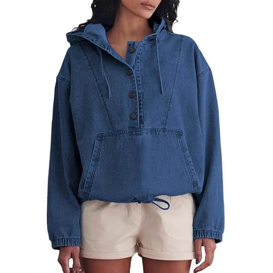 Women's Jeans Half Jacket with Hood, Kangaroo Pocket and Drawstring Chichicherry