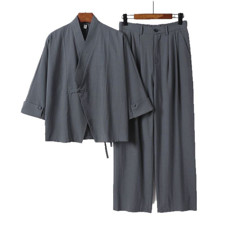 Men's Modern Zen Loungewear Set made of Lightweight Material with Short Kimono and Tailored Tapered Trousers Chichicherry