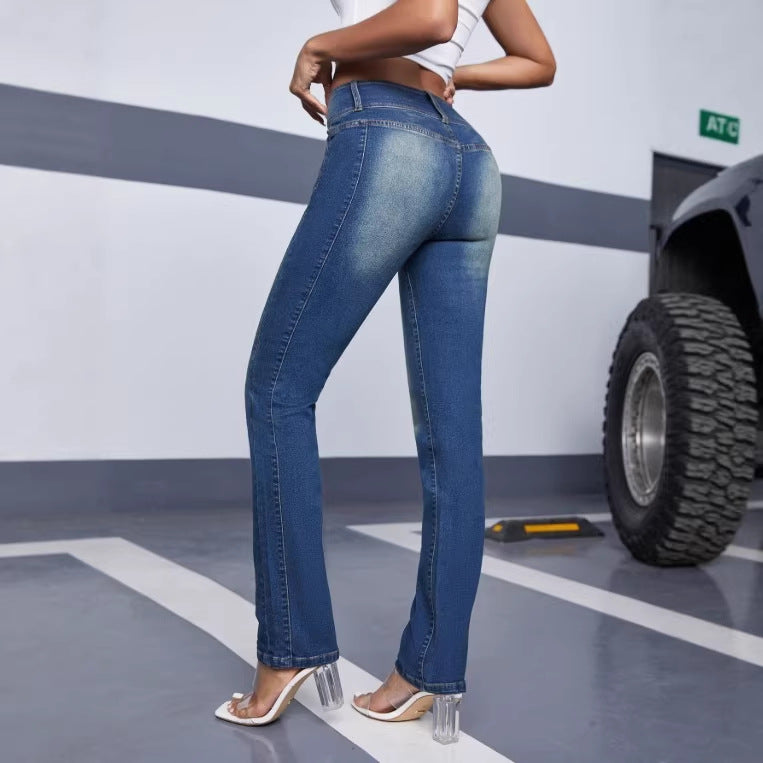 Women High-Waisted Sculpting Jeans with Triple Button Placket and Straight Leg Chichicherry