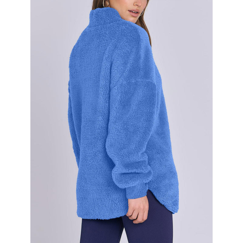 Women Fluffy Oversized Sherpa Pullover with Half Zip and Kangaroo Pockets Chichicherry