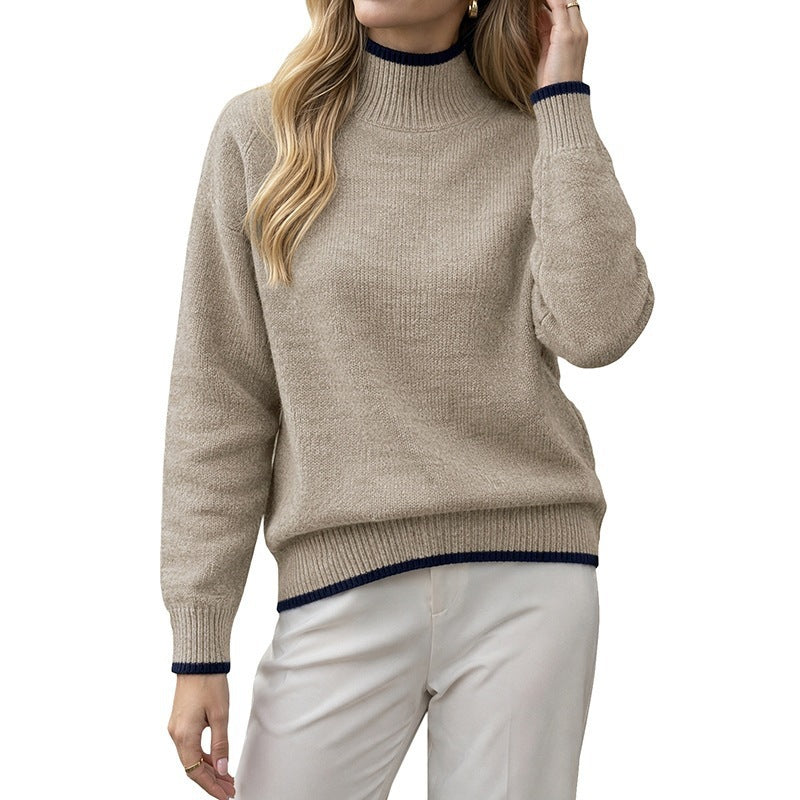 Women's Cashmere-Look Stand-Up Collar Sweater with Contrasted Cuffs Chichicherry