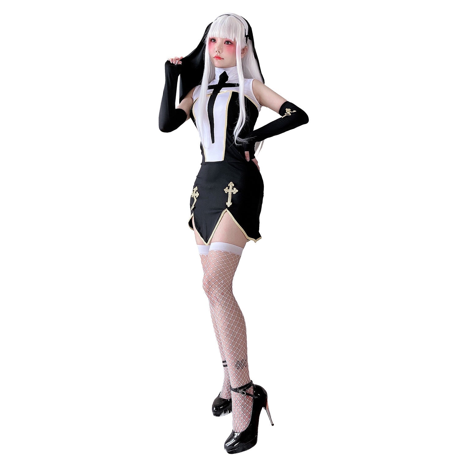 Women's Gothic Mini Dress with Lace Sleeves and Cross Details Chichicherry