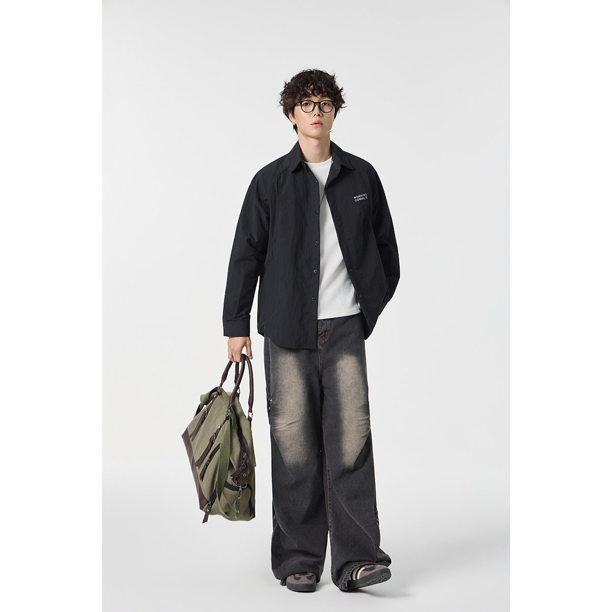 Unisex Relaxed Coach Shirt Jacket with Kent Collar, Snap Button Placket and Minimal Chest Print Chichicherry