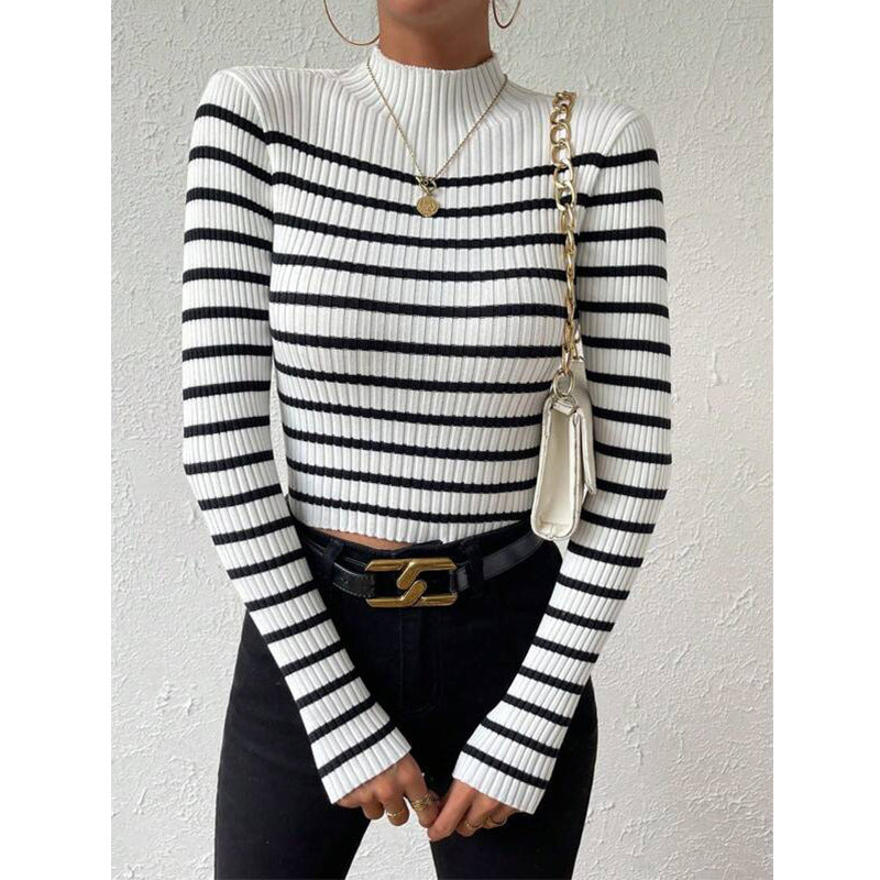 Women's fine knit sweater with short stand-up collar, ribbed texture, and maritime stripes Chichicherry