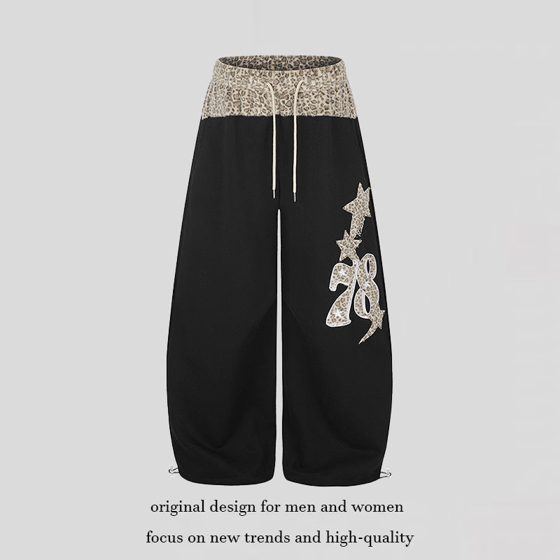 Women Extra Wide Palazzo Lounge Pants with High Comfort Waistband, Leopard Print Band and Decorative Star Number Appliqué Chichicherry