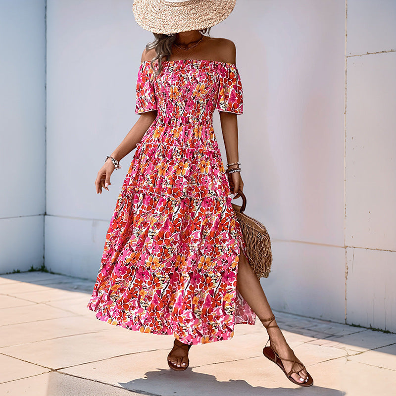 Women's Tiered Maxi Dress with Off-the-Shoulder Neckline, Smocked Bustier and Side Slit Chichicherry